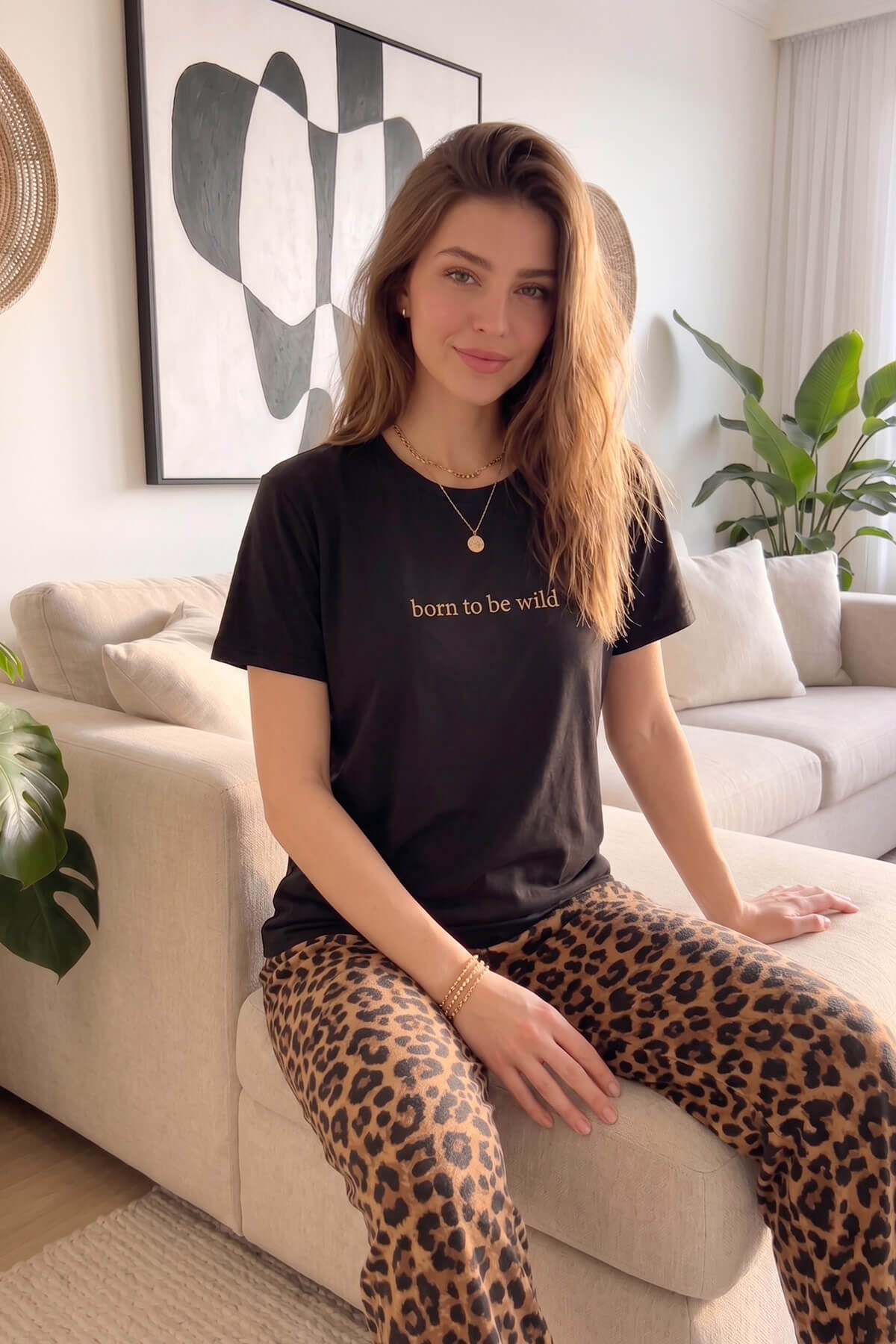 Siyah Born to Be Wild Leopar Desenli Kısa Kollu Örme Kadın Pijama Takımı - Pijamaevi (3)