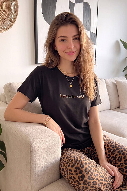 Siyah Born to Be Wild Leopar Desenli Kısa Kollu Örme Kadın Pijama Takımı - 5