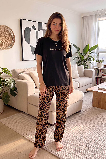Siyah Born to Be Wild Leopar Desenli Kısa Kollu Örme Kadın Pijama Takımı - 6