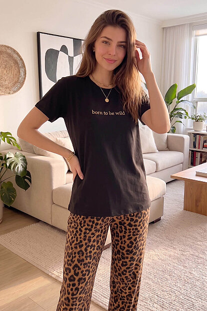 Siyah Born to Be Wild Leopar Desenli Kısa Kollu Örme Kadın Pijama Takımı - 7