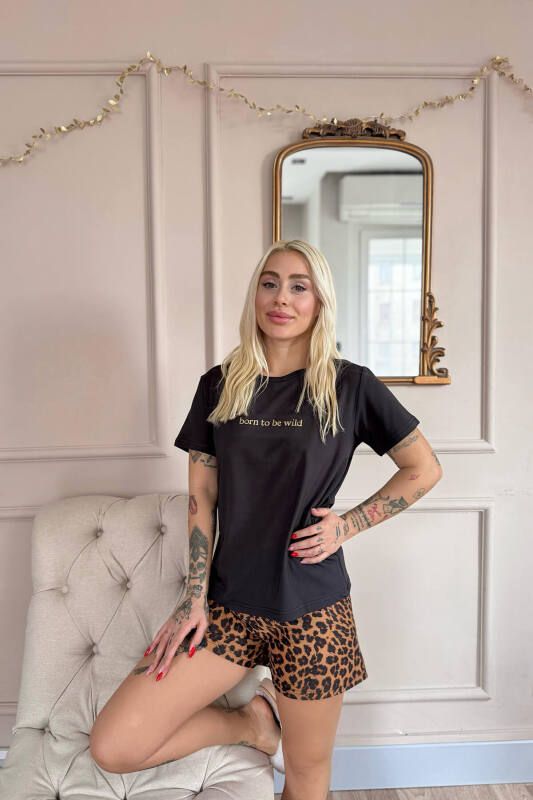 Siyah Born to Be Wild Leopar Desenli Kısa Kollu Şortlu Örme Kadın Pijama Takımı - Pijamaevi (2)
