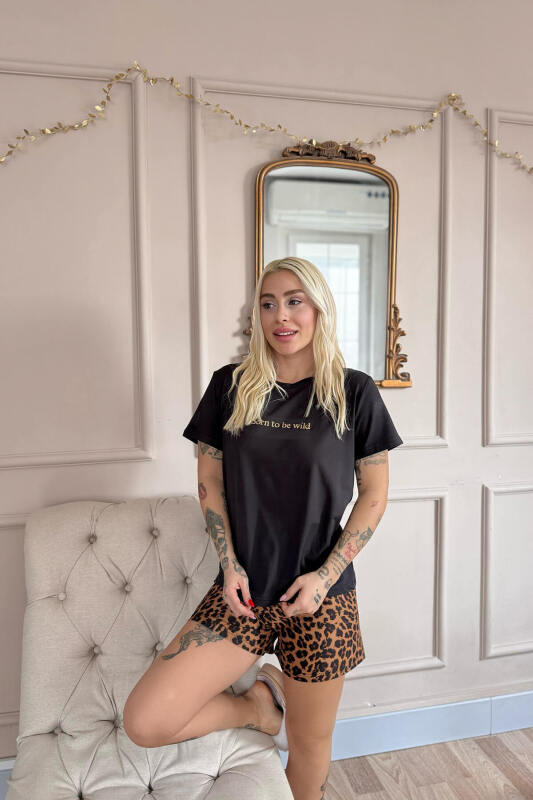 Siyah Born to Be Wild Leopar Desenli Kısa Kollu Şortlu Örme Kadın Pijama Takımı - Pijamaevi (3)