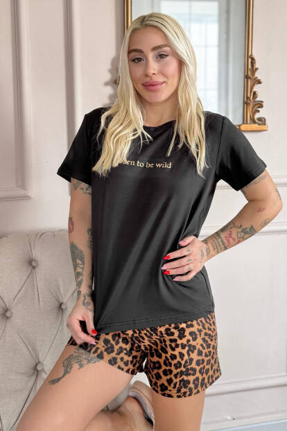 Siyah Born to Be Wild Leopar Desenli Kısa Kollu Şortlu Örme Kadın Pijama Takımı - 6