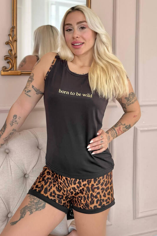 Siyah Born to Be Wild Leopar Desenli Sıfır Kol Şortlu Örme Kadın Pijama Takımı - Pijamaevi (1)