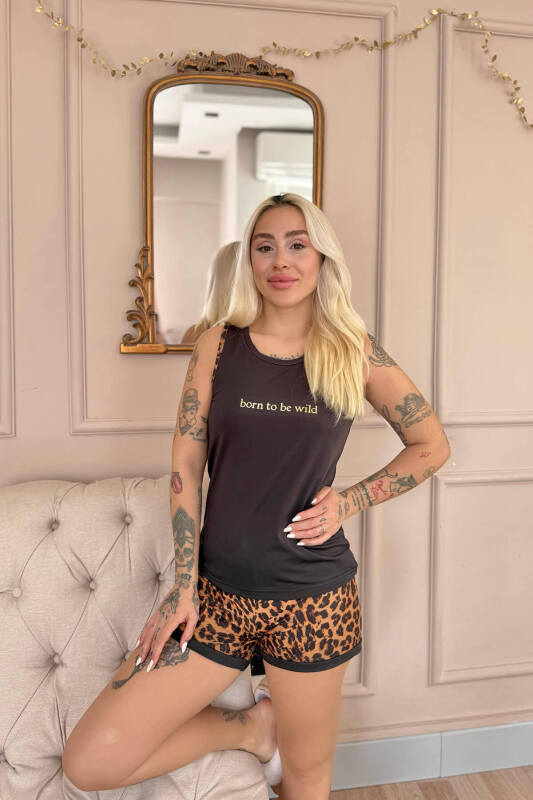 Siyah Born to Be Wild Leopar Desenli Sıfır Kol Şortlu Örme Kadın Pijama Takımı - Pijamaevi (3)