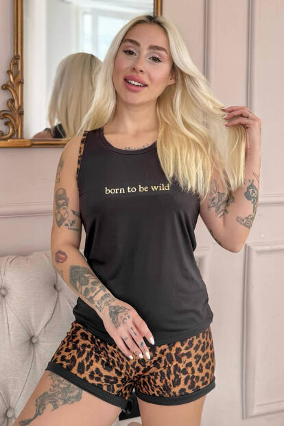 Siyah Born to Be Wild Leopar Desenli Sıfır Kol Şortlu Örme Kadın Pijama Takımı - 7