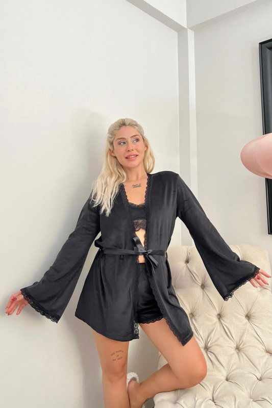 Siyah Bralet Exclusive Kadife Sabahlıklı Kadın Pijama Takımı  - Pijamaevi (1)