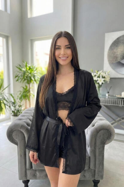 Siyah Bralet Exclusive Kadife Sabahlıklı Kadın Pijama Takımı  - 2