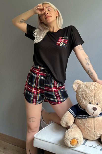 Siyah Cep Detaylı Bambu Şortlu Kadın Pijama Takımı - 1