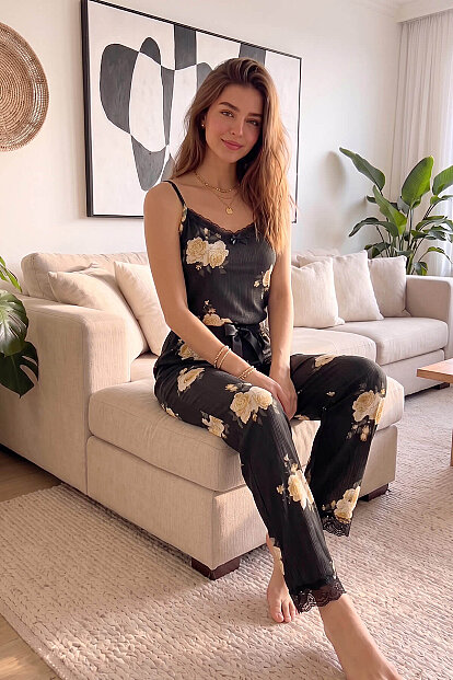 Siyah Çiçek Dantelli İp Askılı Örme Kadın Pijama Takımı - 6