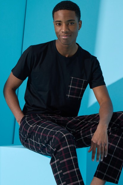 Siyah Çift Çizgi Ekose Desenli Kısa Kollu Erkek Pijama Takımı - 1