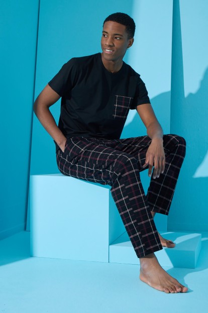 Siyah Çift Çizgi Ekose Desenli Kısa Kollu Erkek Pijama Takımı - 2