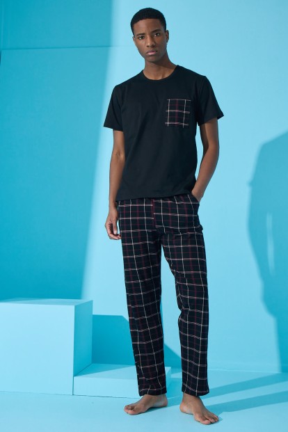 Siyah Çift Çizgi Ekose Desenli Kısa Kollu Erkek Pijama Takımı - 3