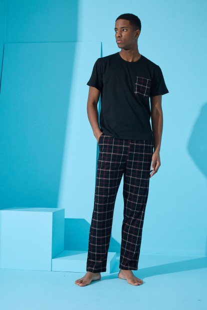 Siyah Çift Çizgi Ekose Desenli Kısa Kollu Erkek Pijama Takımı - 4