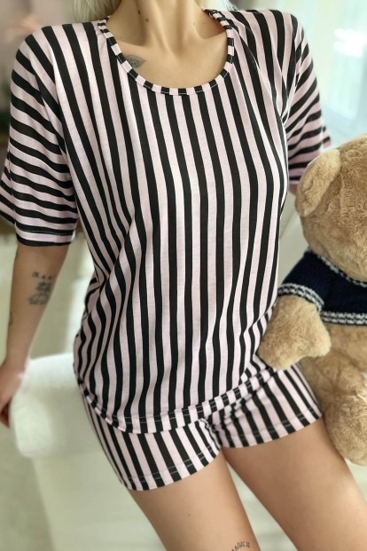Siyah Çizgi Baskılı Şortlu Kadın Pijama Takımı - 4