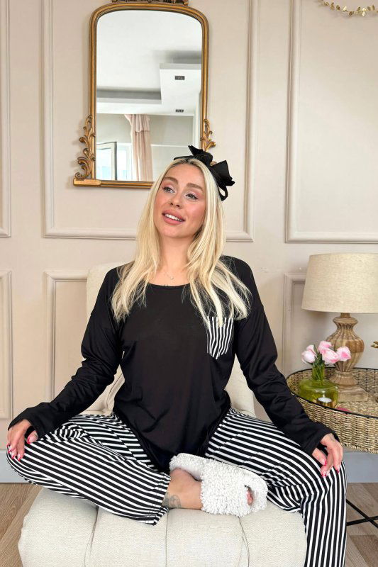 Siyah Çizgi Desenli Bambu Uzun Kol Kadın Pijama Takımı - Pijamaevi (2)