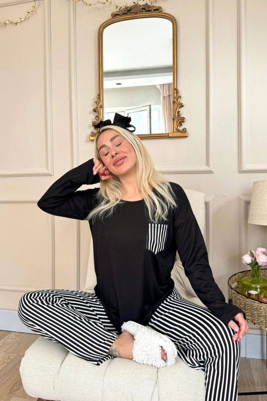 Siyah Çizgi Desenli Bambu Uzun Kol Kadın Pijama Takımı - Pijamaevi (3)