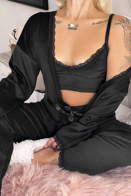 Siyah Crop Exclusive Kadife Sabahlıklı Kadın Pijama Takımı  - Pijamaevi (3)