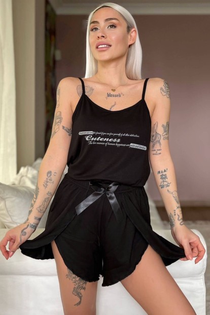 Siyah Cuteness Baskılı Örme İp Askı Şortlu Pijama Takımı - 1