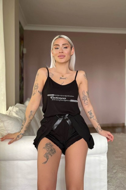 Siyah Cuteness Baskılı Örme İp Askı Şortlu Pijama Takımı - 3