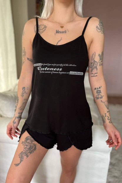 Siyah Cuteness Baskılı Örme İp Askı Şortlu Pijama Takımı - 4