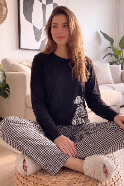 Siyah Dalmatian Desenli Cotton Refined Kadın Pijama Takımı 