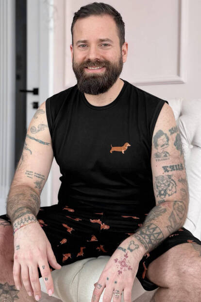 Siyah Dasch Baskılı Sıfır Kol Şortlu Erkek Pijama Takımı - 7