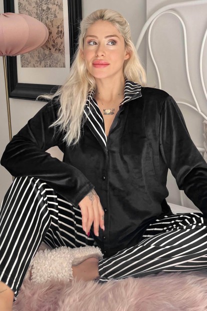 Siyah Dash Desenli Exclusive Kadife Kadın Pijama Takımı  - 1