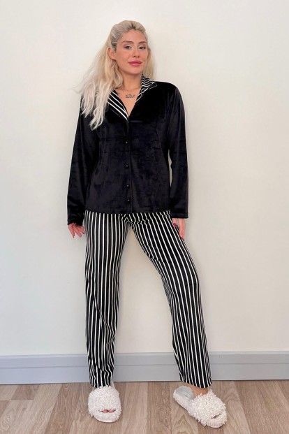Siyah Dash Desenli Exclusive Kadife Kadın Pijama Takımı  - 5