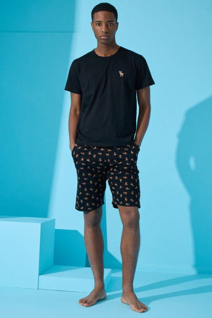 Siyah Deer Baskılı Şortlu Erkek Pijama Takımı - 3