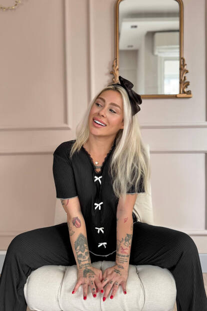 Siyah Delicato Örme Kısa Kol Kadın Pijama Takımı - 2