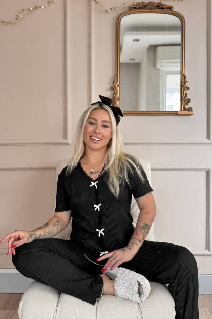 Siyah Delicato Örme Kısa Kol Kadın Pijama Takımı - 3