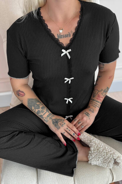 Siyah Delicato Örme Kısa Kol Kadın Pijama Takımı - 4