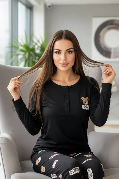 Siyah Dops Desenli Uzun Kollu Bambu Örme Kadın Pijama Takımı - 2