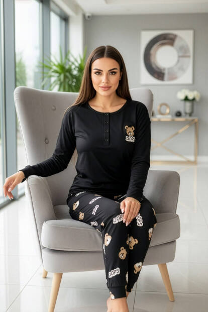 Siyah Dops Desenli Uzun Kollu Bambu Örme Kadın Pijama Takımı - 4