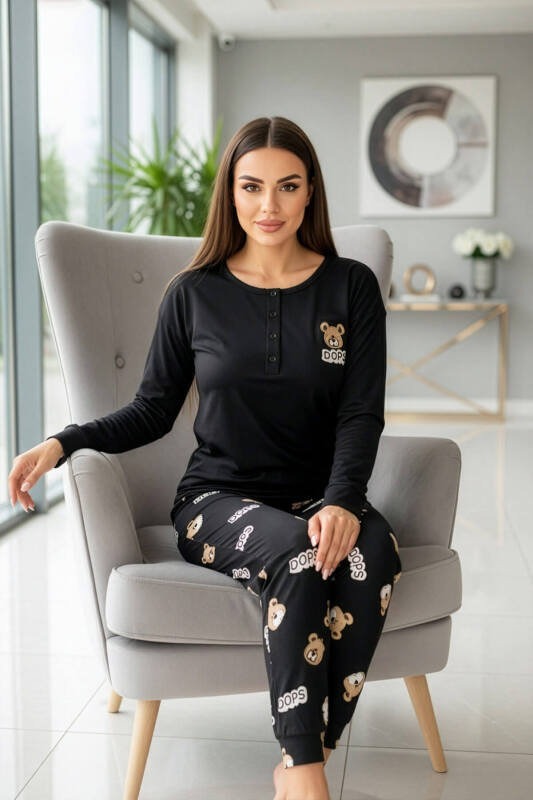 Siyah Dops Desenli Uzun Kollu Bambu Örme Kadın Pijama Takımı - Pijamaevi (3)