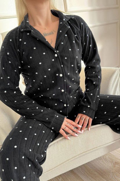 Siyah Dotted Desenli Önden Düğmeli Peluş Polar Pijama Takımı - 5