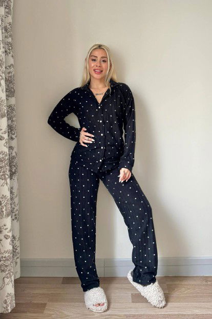 Siyah Dotted Desenli Önden Düğmeli Peluş Polar Pijama Takımı - 6