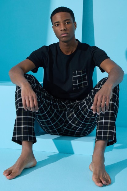 Siyah Double Çizgi Ekose Desenli Kısa Kollu Erkek Pijama Takımı - 2