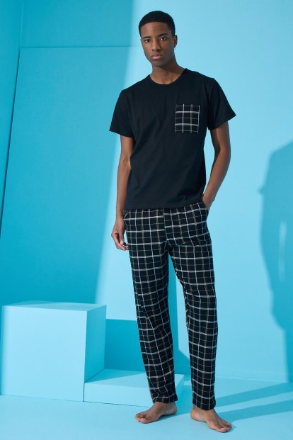 Siyah Double Çizgi Ekose Desenli Kısa Kollu Erkek Pijama Takımı - 3