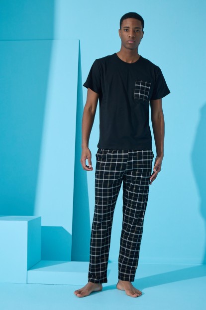 Siyah Double Çizgi Ekose Desenli Kısa Kollu Erkek Pijama Takımı - 4