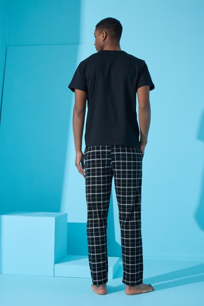 Siyah Double Çizgi Ekose Desenli Kısa Kollu Erkek Pijama Takımı - 5