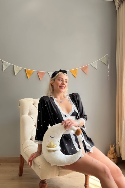 Siyah Double Desenli Bambu Crop Sabahlıklı Şortlu Pijama - 2