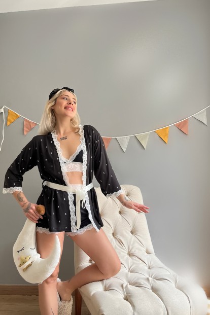 Siyah Double Desenli Bambu Crop Sabahlıklı Şortlu Pijama - 3