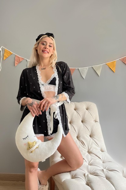 Siyah Double Desenli Bambu Crop Sabahlıklı Şortlu Pijama - 5