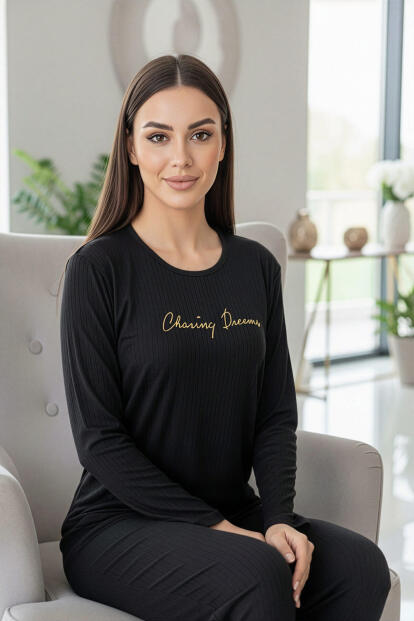 Siyah Dreams Desenli Uzun Kollu Dublin Örme Kadın Pijama Takımı - 2