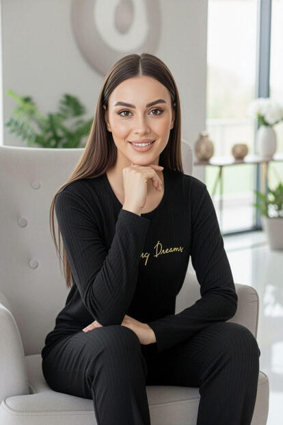 Siyah Dreams Desenli Uzun Kollu Dublin Örme Kadın Pijama Takımı - 3