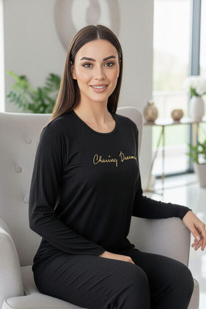 Siyah Dreams Desenli Uzun Kollu Dublin Örme Kadın Pijama Takımı - 4