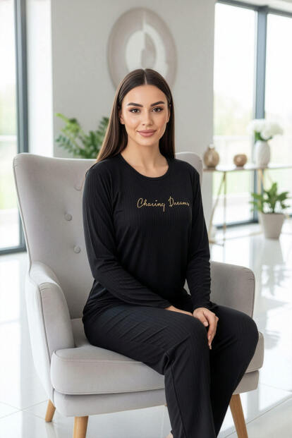 Siyah Dreams Desenli Uzun Kollu Dublin Örme Kadın Pijama Takımı - 5