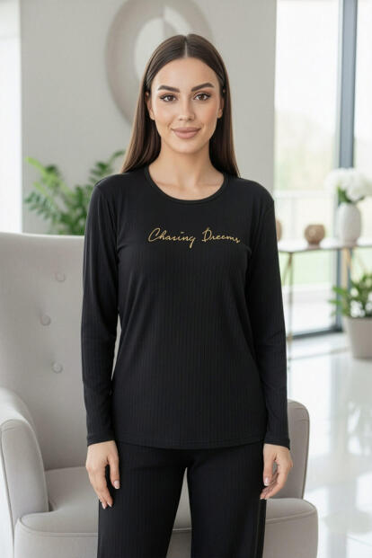 Siyah Dreams Desenli Uzun Kollu Dublin Örme Kadın Pijama Takımı - 6